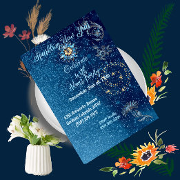 Blue Sparkling New Year Glitter Stars Floral Party Invitation