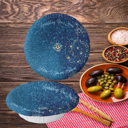 Blue Sparkling New Year Glitter Stars Floral Party Paper Plate