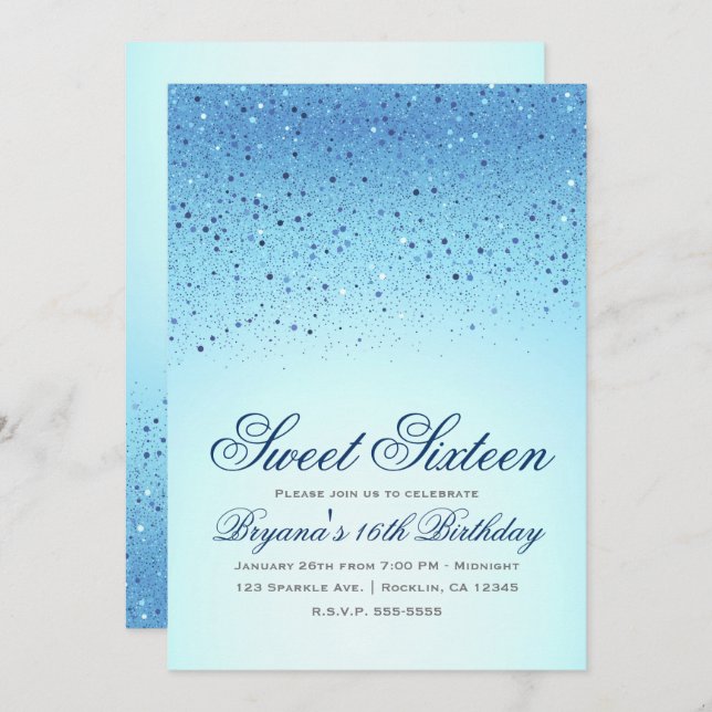 Blue Sparkly Glitter Sweet 16 Birthday Party Invitation (Front/Back)