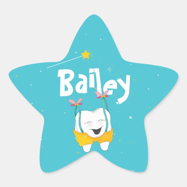 Blue Sparkly Magical Flying Tooth Personalized Star Sticker (Front)