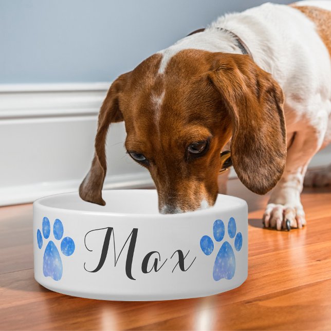Blue Sparkly Paw Print Personalize Dog  Bowl (This dog bowl is cheerful and fun with glittery blue paw prints on either side of your pet's name!)