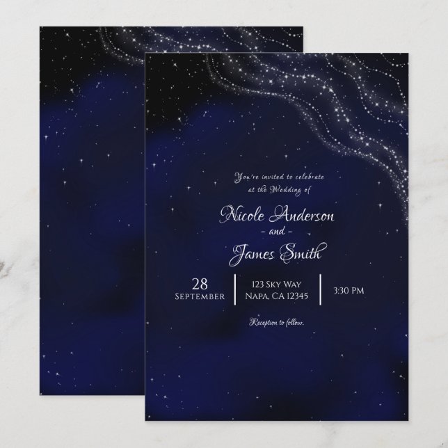 Blue Sparkly Starry Night Sky Wedding Invitation (Front/Back)