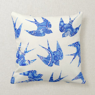 Blue Sparrow Swallow Watercolor Bird Pattern Throw Pillow
