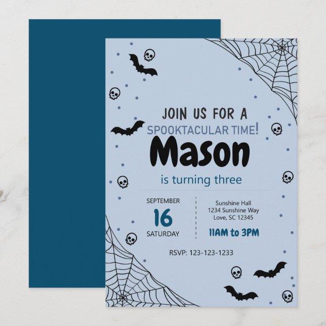 Blue Spider Web Halloween Birthday Invite (Front/Back)