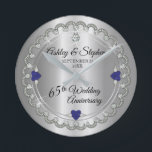 Blue Spinel Diamonds 65th Wedding Anniversary Round Clock<br><div class="desc">Opulent elegance frames this 65th wedding anniversary design in a unique scalloped diamond design with centre teardrop diamond with heart-shaped blue spinel (sapphire blue look) accents and faux added sparkles on a silver-tone gradient. Please note that all embellishments are printed and are only made to appear as real as possible...</div>