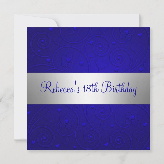 Blue Spiral Hearts Silver 18th Birthday Party Invitation (Front)