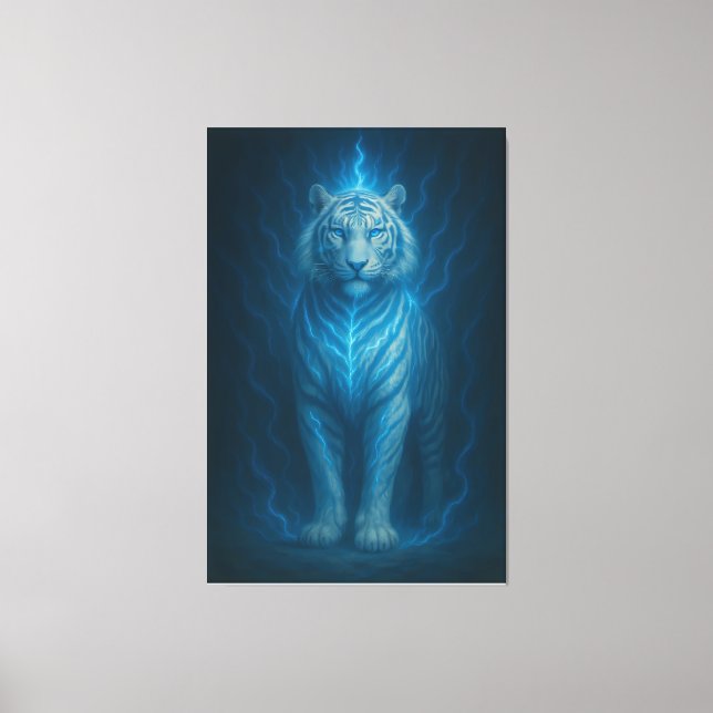 Blue Spirit Lightning White Tiger – Ethereal Storm Canvas Print (Front)