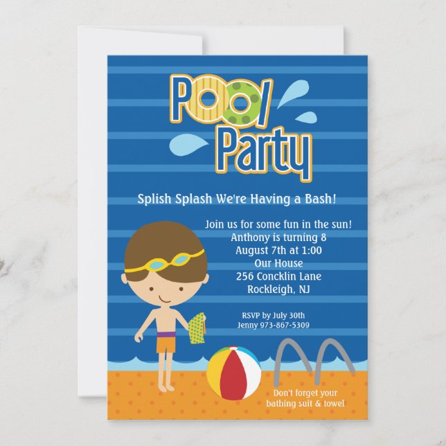 Blue Splish Splash Boys Pool Party Birthday Invite (Front)