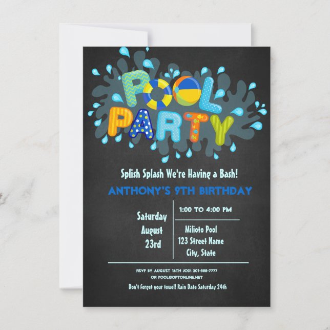 Blue Splish Splash  Come To Our Bash Pool Party Invitation (Front)