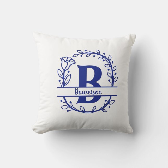 Blue Split Monogram Floral Monogram B  Throw Pillow (Front)