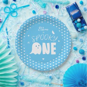 Blue Spooky One Boy Ghost Halloween 1st Birthday Paper Plate
