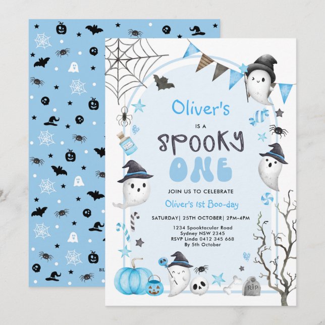 Blue Spooky One Cute Ghost Boy 1st Birthday Invitation (Front/Back)