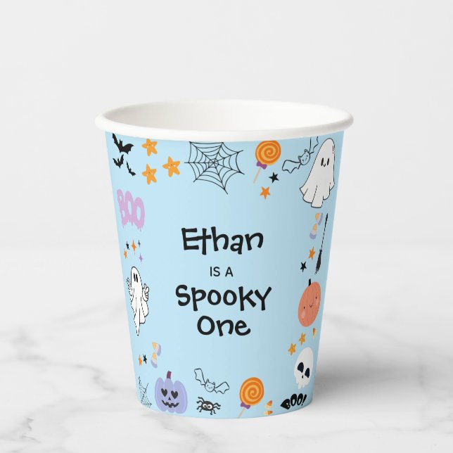 Blue Spooky One Cute Ghost Halloween 1st Birthday Paper Cups (Front)