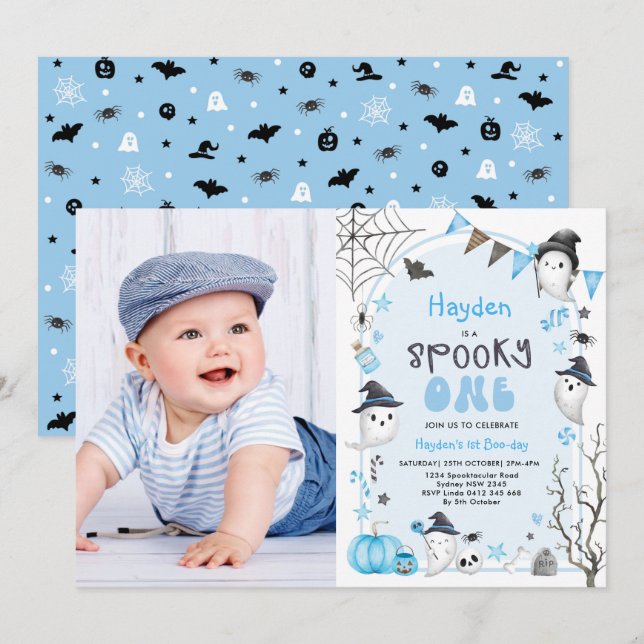 Blue Spooky One Halloween Ghost 1st Birthday Photo Invitation (Front/Back)