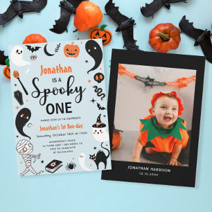 Blue Spooky One Halloween Photo Boy 1st Birthday Invitation