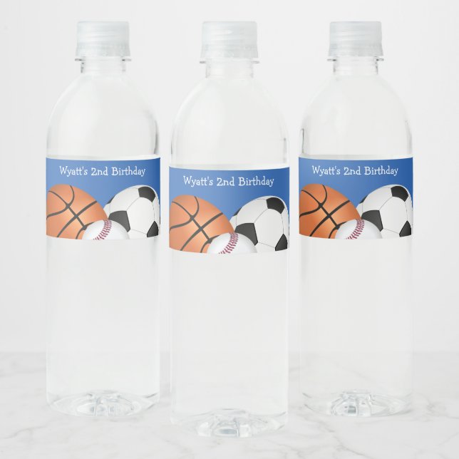 Blue Sports Balls Birthday Water Bottle Label (Bottles)
