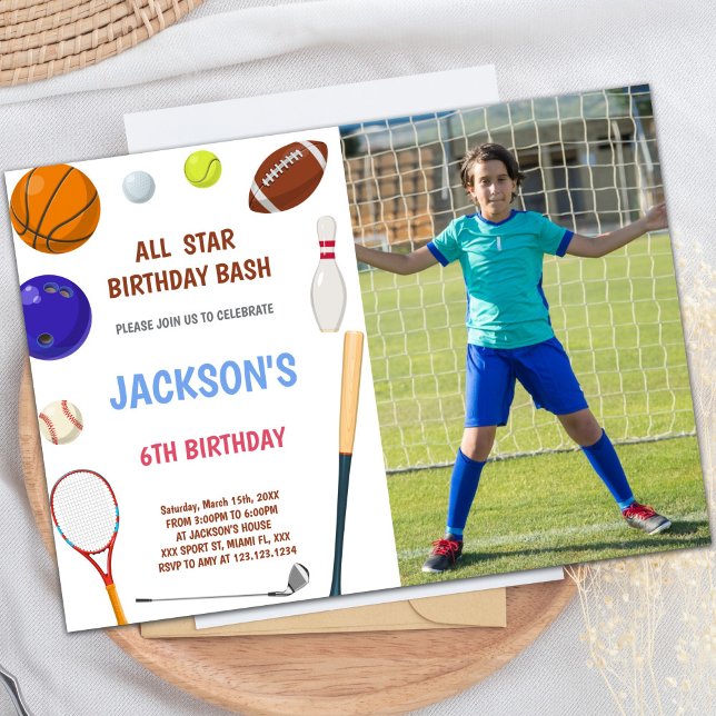 Blue Sports Birthday Invitations with photo (Blue Sports Birthday Invitations with photo)