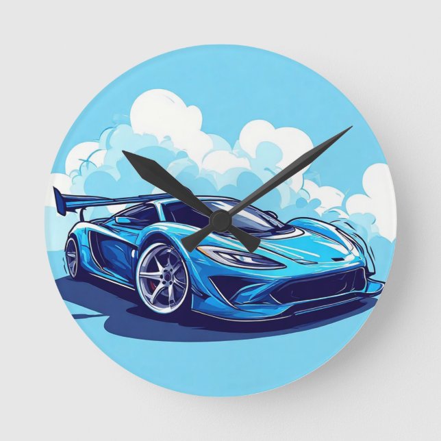 Blue Sports Car Under Clear Sky Round Clock (Front)