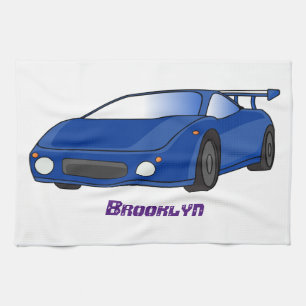 Blue sports car with airfoil illustration kitchen towel