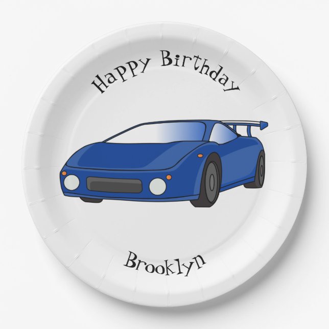 Blue sports car with airfoil illustration paper plate (Front)