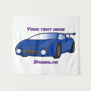 Blue sports car with airfoil illustration tapestry