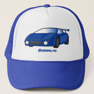 Blue sports car with airfoil illustration trucker hat