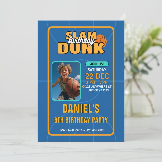 Blue Sporty Basketball Slam Dunk Kids Birthday Invitation (Standing Front)