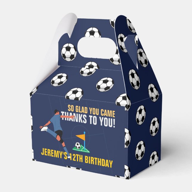 Blue Sporty Soccer Player Kick Ball Birthday Favor Box (Front Side)