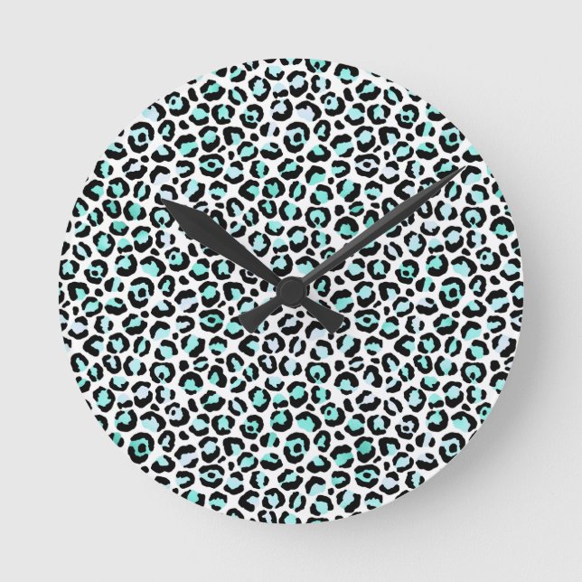 Blue Spots Turquoise Pink Faux Leopard Skin Round Clock (Front)