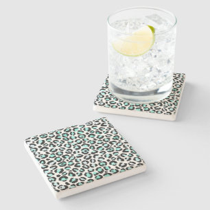 Blue Spots Turquoise Pink Faux Leopard Skin Stone Coaster