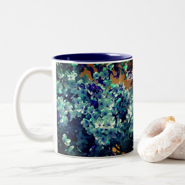 Blue Spring Blossoms Floral Art Personalized Two-Tone Coffee Mug (With Donut)