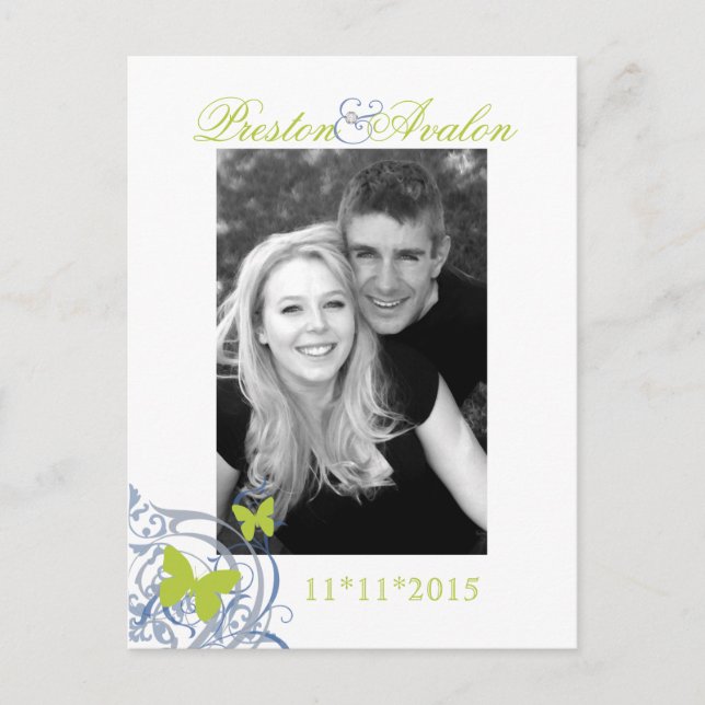 Blue Spring Butterfly Save The Date Postcard (Front)