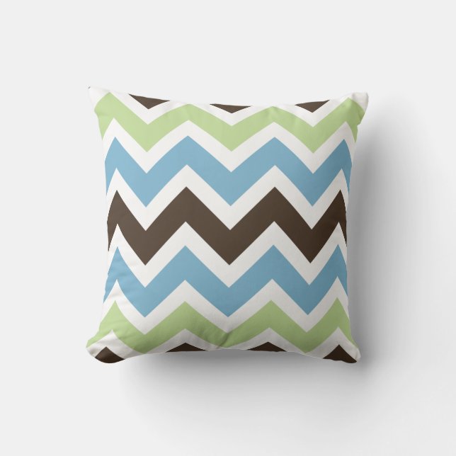 Blue, Spring Green, and Brown Chevron Pattern Throw Pillow (Front)