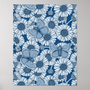 Blue spring, wild flowers, daisies poster