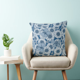 Blue spring, wild flowers, daisies throw pillow