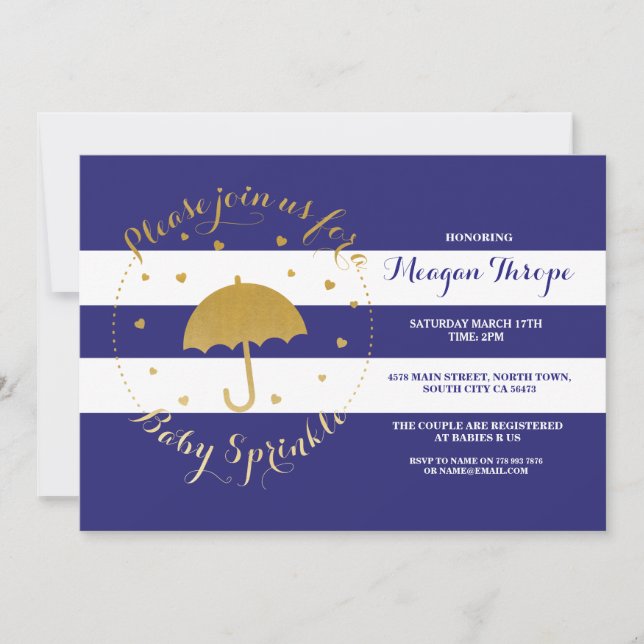 Blue Sprinkle Navy Blue Shower Gold Baby Invite (Front)