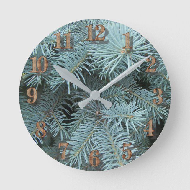 Blue spruce grey green rustic evergreen tree round clock (Front)