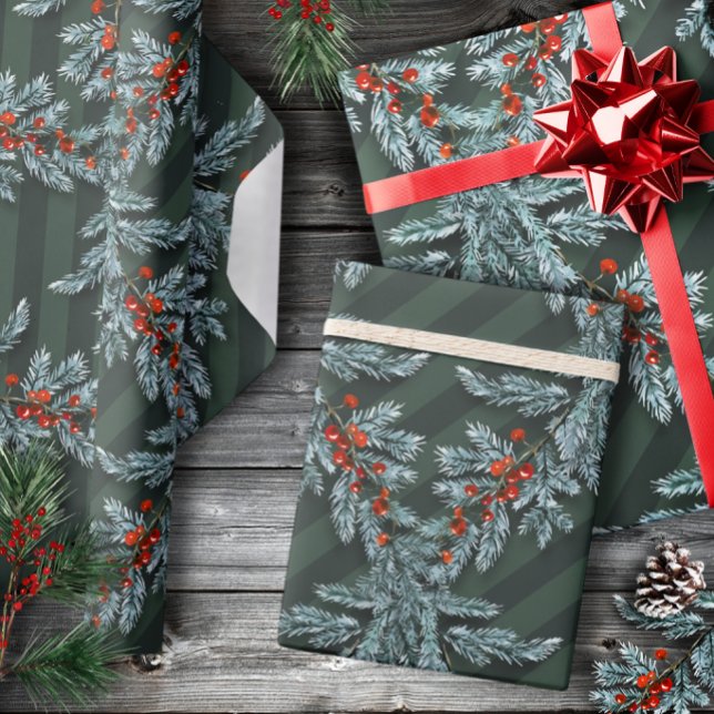 Blue Spruce Red Berries Lattice Forest Green Wrapping Paper (Creator Uploaded)