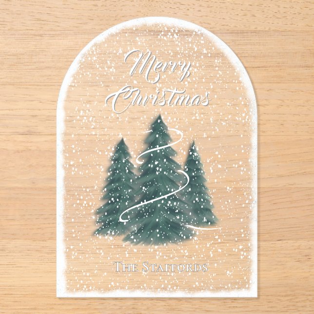 Blue Spruce Snowfall Acrylic Christmas Card Invitations (Front)