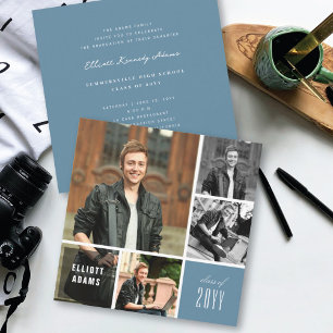 Blue Square 4 Photo Minimalist Senior Grad Party Invitation