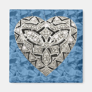 Blue Square Elegant Designer Diamond Heart Magnet