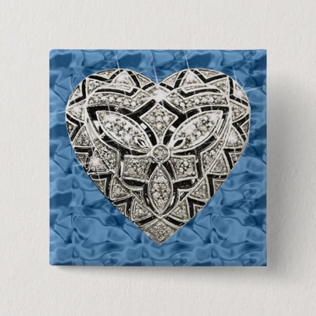 Blue Square Elegant Designer Heart Button (Front)