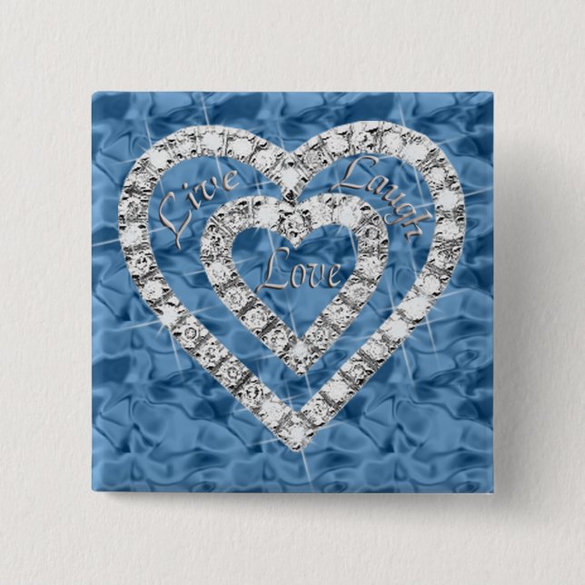 Blue Square Live Laugh Love Diamond Heart Button (Front)