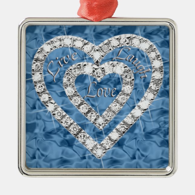 Blue Square Live Laugh Love Diamond Heart Ornament (Front)
