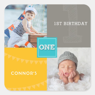 Blue Square Sketch One Baby Boy 1st Birthday Photo Square Sticker