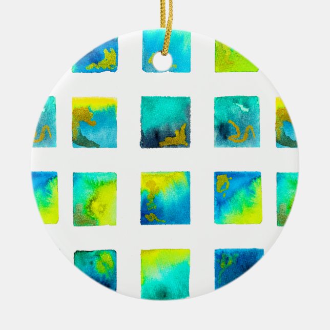 Blue squares watercolor abstract ceramic ornament (Front)