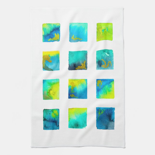 Blue squares watercolor abstract kitchen towel (Vertical)