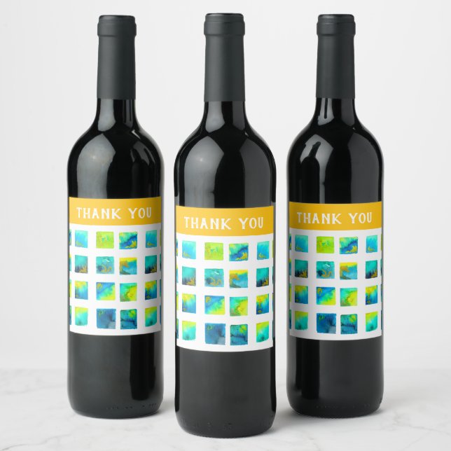 Blue squares watercolor abstract wine label (Bottles)