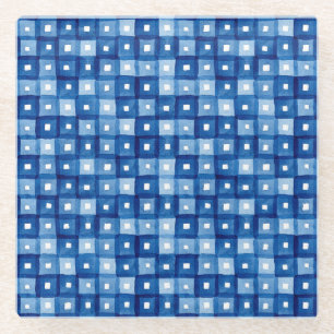 Blue Squares, Watercolor Seamless Mosaic. Glass Coaster