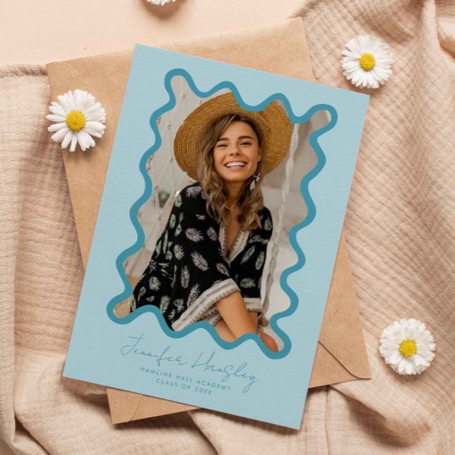 Blue Squiggly Photo Frame Graduation Announcement (Creator Uploaded)